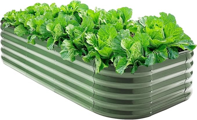Galvanized Steel Raised Garden Bed 8x2ft Oval - 17" Tall 9-in-1 Modular Planter Box for Vegetables/Flowers, Rust-Proof Metal Outdoor Planters Rubber Edging (Green)