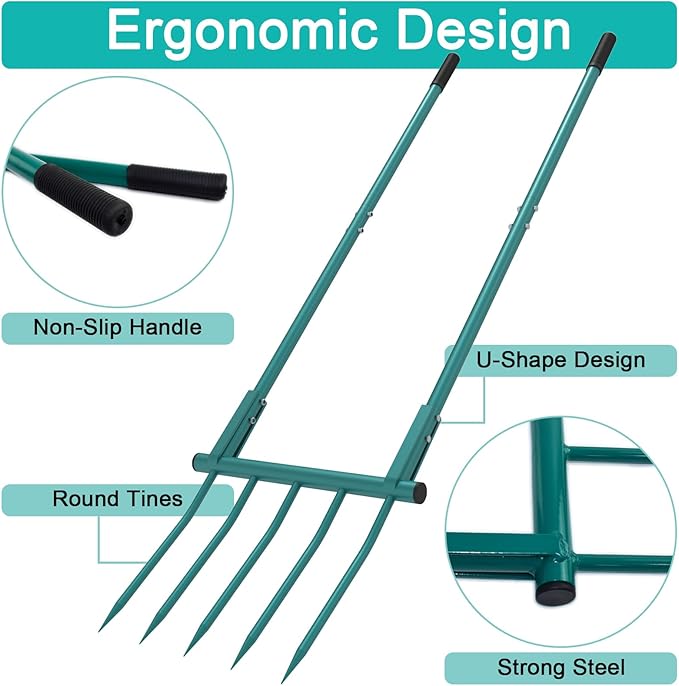 Broadfork Garden Tool Heavy Duty 5 Tines 20 in Wide Broad Fork for Gardening, 55 inch Ergonomic U-Shaped Design Hand Tiller for Cultivating, Aerate Clay Soil for Farm