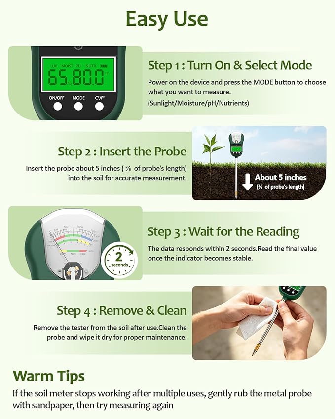 7-in-1 Soil Test Kit, Soil Moisture Meter/pH Meter/Light Intensity/Fertility/Air & Soil Hygrometer Temperature with Large Dual Display for Garden,Lawn, Farm, Indoor Outdoor Plants-DarkGreen