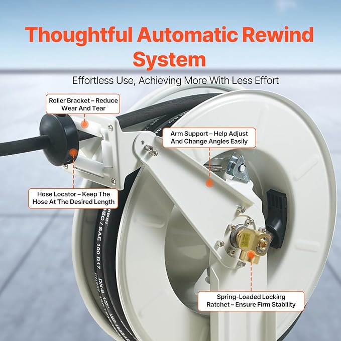 VEVOR Fuel Hose Reel, 1/2" x 50', Extra Long Retractable Machine Oil Hose Reel, Spring Driven Auto Swivel Rewind, Heavy-Duty Carbon Steel Construction with Hose for Auto Repair, Industries, 2300 PSI