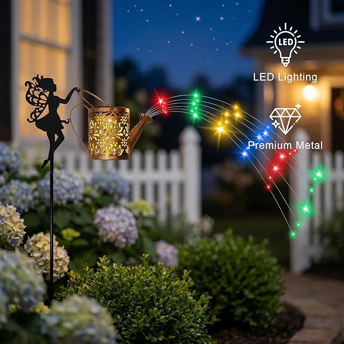 Solar Watering Can with Cascading Lights Outdoor Garden Decor,Waterproof Solar Lantern with Fairy Shepherd Hook,Solar Fairy Lights Outdoor Decoration,Unique Garden Gifts for Women, Flow RGB