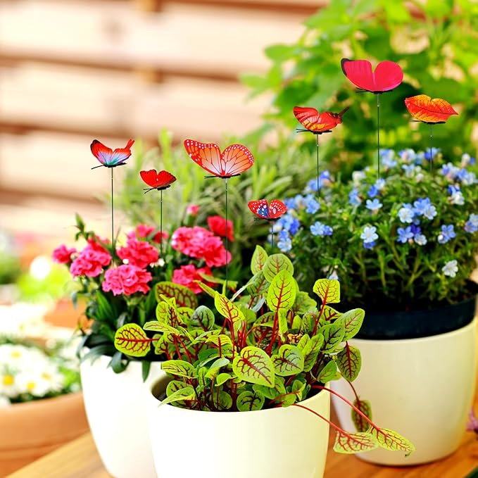12pcs Decorative Butterfly Plant Stakes, 9.8in Lifelike Butterfly Garden Stakes PVC Waterproof Flower Pot Decorations for Garden Lawn Patio Indoor Outdoor Yard Planter Art Decor (Red)