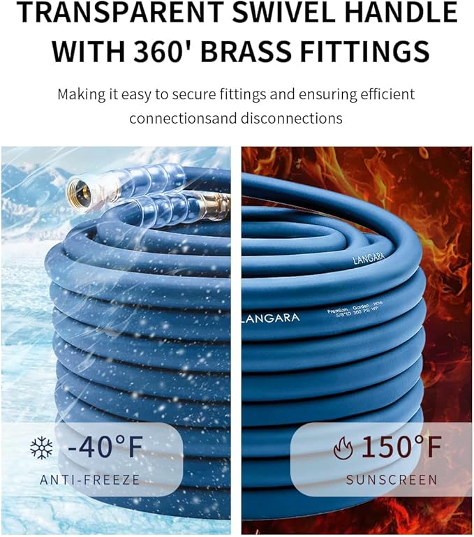 Heavy Duty Premium Garden Hose 50ft x 5/8", 300PSI Working, 1000PSI Burst, Hybrid Rubber Water Hose with Transparent Swivel Handle - Hot/Cold Water - Five Layered Braiding with Brass fittings (Blue)