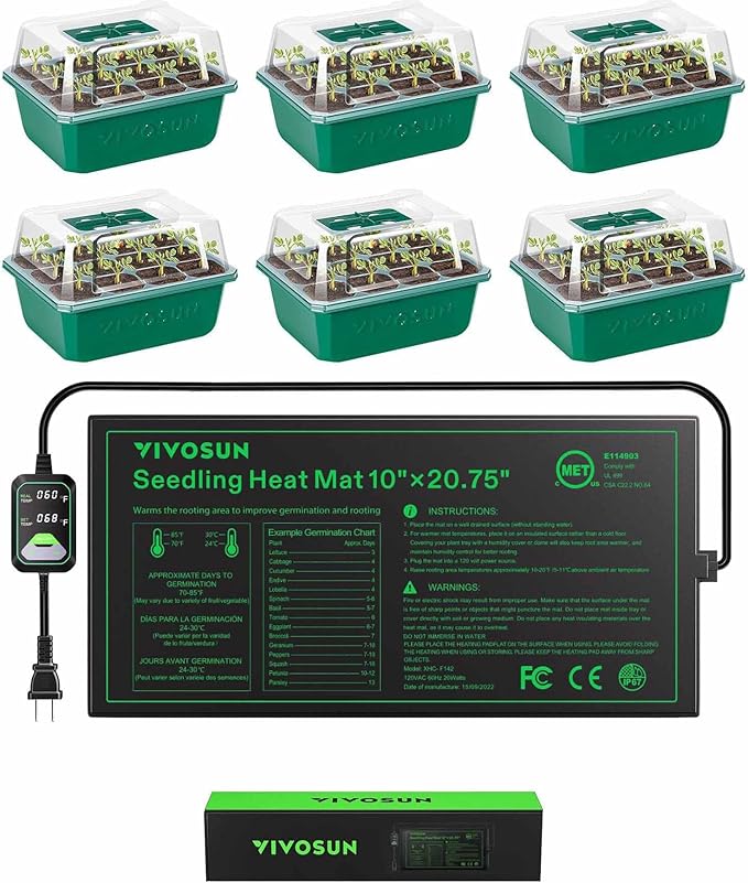 VIVOSUN Seedling Heat Mat with Self-Adjusting Dual Digital Display Temperature Controller, 10"x20.75", and 6-Pack Seed Starter Trays, 72-Cell Seed Starter Kit with Humidity Dome for Germination