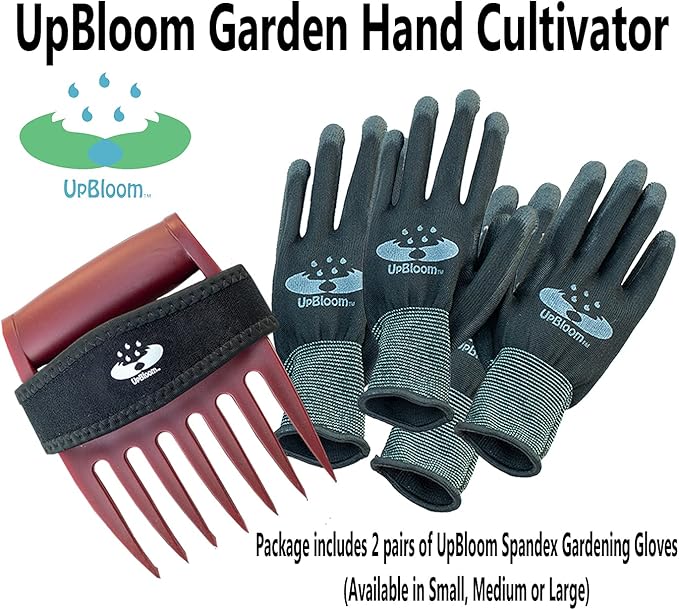 UpBloom - Garden Hand Cultivator Includes 2 Pairs of Spandex Gardening Gloves - ergonomically Designed to rake, dig, Weed, Plant, Aerate and Cultivate Vegetable and Flower beds (Large)