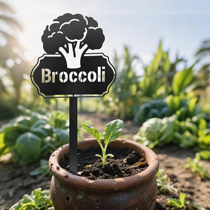 CUTHOLLOW Metal Plant Marker Stake Broccoli for Outdoor Indoor, Waterproof 11.8 inch Cute Garden Plant Labels Sign Tag for Vegetables, Farmhouse Greenhouse Decor - Funny Gardening Gifts