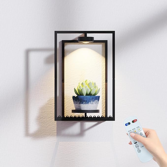 Starxing Wall Plant Shelf with Grow Lights, Remote Control Indoor Plant Holder Stand for Hanging Planters, Modern Framed Wall Decor for Living Room, Home S-1PK