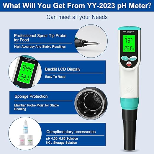 Food pH Meter, Digital Waterproof pH Tester with High Accuracy pH/Temperature Probe, Ideal for Sourdough, Cheese, Solid Samples, and Liquid Foods, 0.01 Resolution