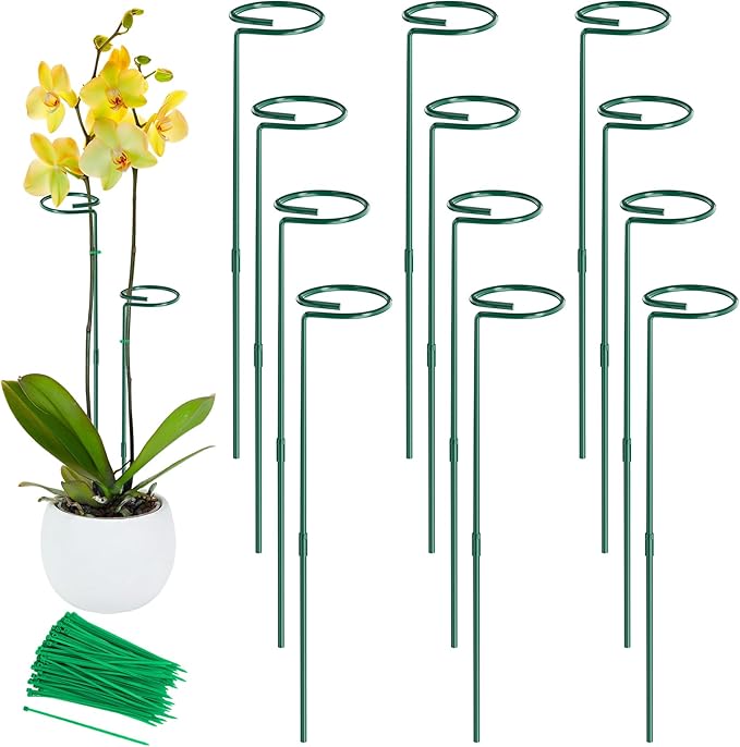 Unves 12 Pack Plant Stakes, 24 Inch Garden Plant Support Stakes, Green Single Stem Plant Cage for Outdoor & Indoor Plants Orchid, Tomatoes, Peony, Lily, Rose, Sapling with 100 Pcs Twist Ties