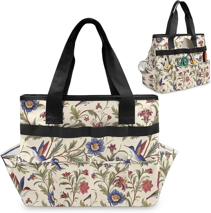 Hummingbird Flower Garden Tool Bag Portable Gardening Tool Organizer Bag with 10 Pockets and Handle Tool Carrier and Storage for Garden Lawn Yard Casual Camp