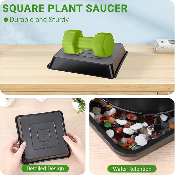 GREANER 8/10/12 Inch Square Tray, 6 Packs Heavy Duty Plastic Plant Plates to Catch Water, Plant Drip Trays No Holes(Black)