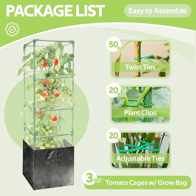 3 Pack Tomato Cages with 17 Gallon Grow Bags - 48 Inch Square Plant Support Trellis Tomato Planter Pots Kit - Garden Stakes for Vertical Climbing Plants Vegetable Flower Fruit Outdoor Indoor