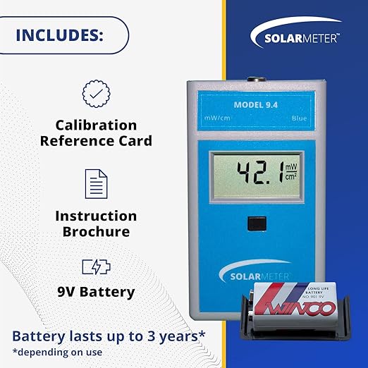 Solarmeter Model 9.4 Visible Blue Light Meter, Handheld Digital Radiometer and Light Bulb Tester for Measuring Blue Light for Aquarium Lamps, Acne & Bilirubin Phototherapy, 0-199.9 mW/cm²