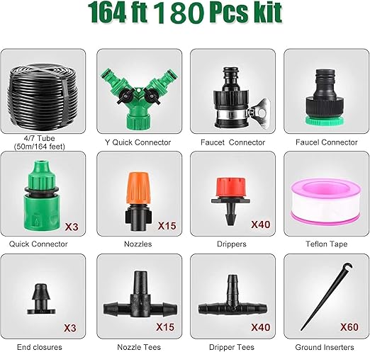 Drip Irrigation System, 180 Pcs 164FT Garden Irrigation System 1/4, Blank Distribution Tubing Watering Drip Kit Automatic Irrigation Equipment for Garden Greenhouse, Flower Bed,Patio,Lawn