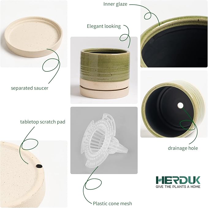 HERDUK 8 Inch Pots for Plants, Ceramic Planter Pot with Drainage Hole & Saucer, Indoor/Outdoor Cylinder Round Planter Pot, Green & Beige