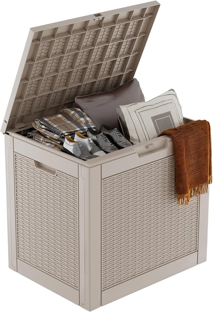 Vixzen 31 Gallon Resin Deck Box, Lockable Outdoor Storage Box for Patio Cushions Storage Furniture,Garden Tools, Pool Supplies, Weatherproof and UV Resistant（Grey，31 Gallon）