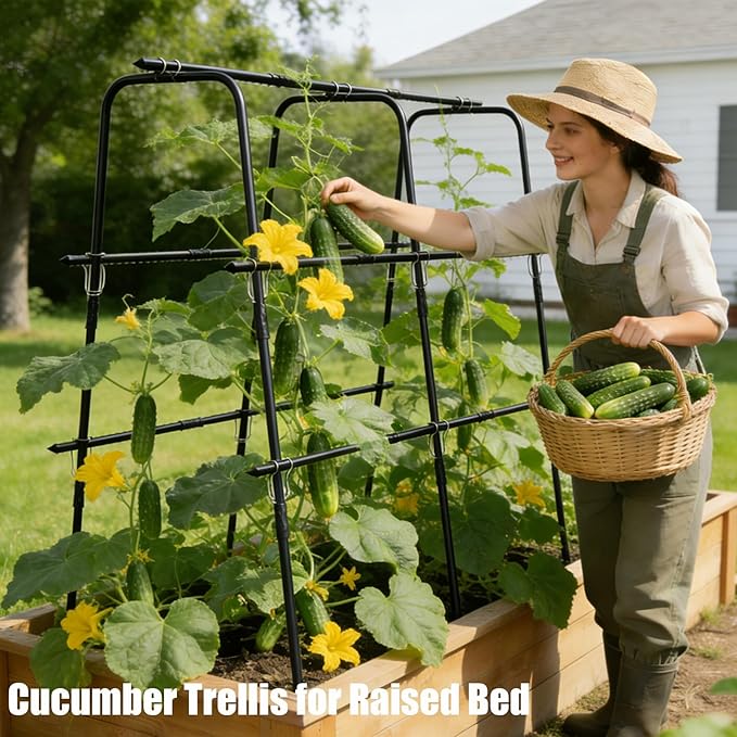 Cucumber Trellis for Raised Bed and Garden, 47" H x 47" W U-Shaped Metal Garden Trellis for Climbing Plants with Nylon Netting, Vegetable Support Frame