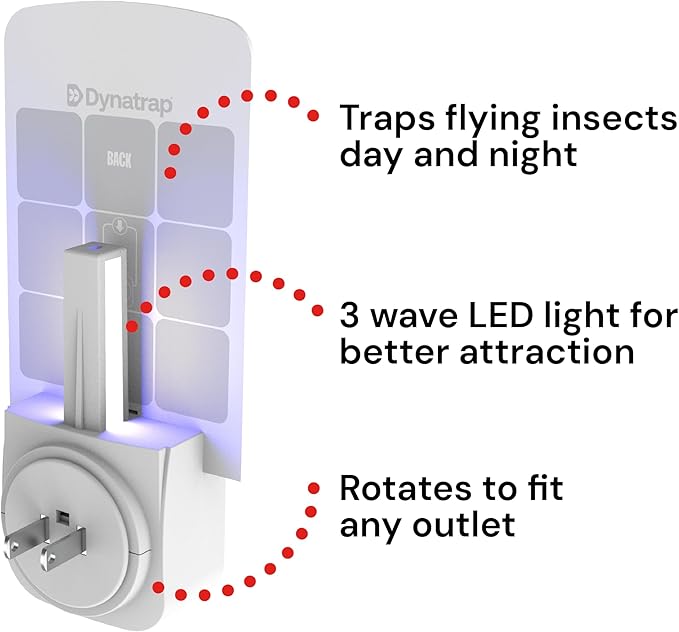 Dynatrap DT3007W Indoor Plug-in Flying Insect Trap for Flies, Fruit Flies, Moths, Gnats, and Other Flying Insects - 1 White Device + 2 Glue Cards