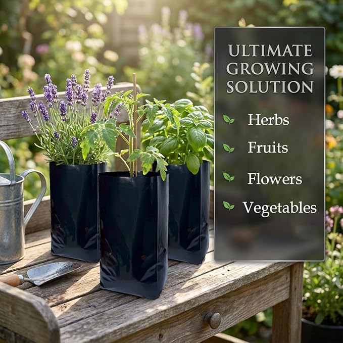 gardtree 100 Pcs Thicken Seedling Nursery Bags, 4.7" x 7.8" Deep Plastic Grow Bags with Drainage Holes, Heavy Duty Plant Starter Pots for Vegetables, Flowers, Succulents and Cuttings