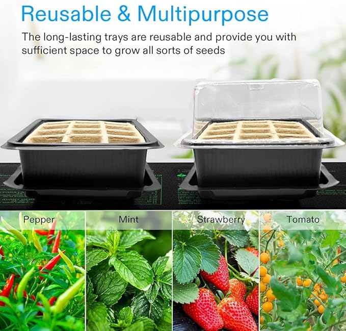 Seed Starter Trays, 12-Cell Kit with Humidity Dome, Reusable Seedling Germinating Plant Trays, 8 x 6 inches (3)