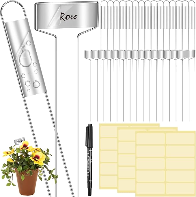 LEIFIDE 61 Pieces Zinc Plant Tags Kit, 30 Pcs 10 Inch Rectangle Metal Plant Labels, 30 Rainproof Pet Films, 1 Marker Pen, Reusable Garden Waterproof Markers Tags(T U Shape)