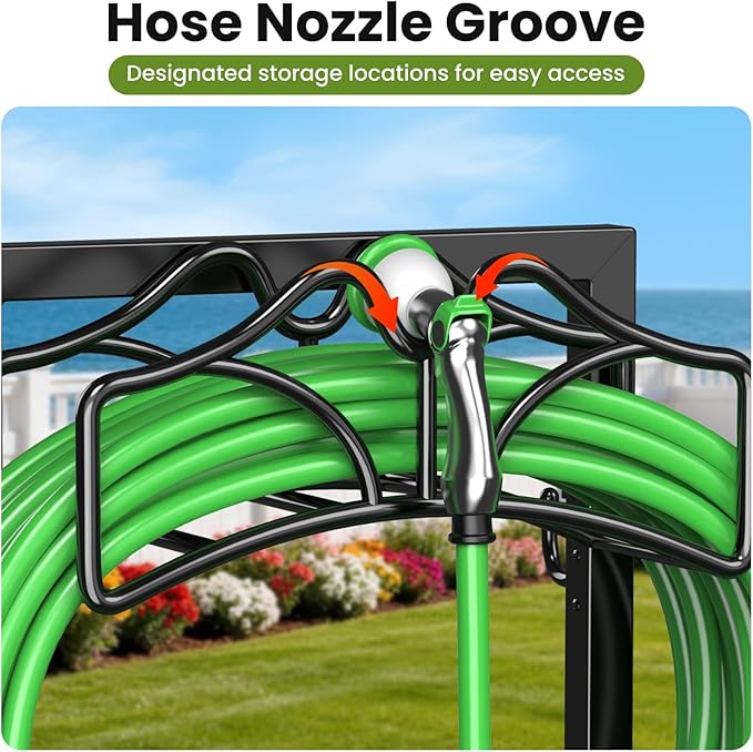 Garden Hose Holder Stand, Freestanding Heavy Duty Metal Organizer with Tool Hooks, Holds up to 150FT Hose, Easy Assembly, No Drilling, for Yard, Lawn, Garden, Patio & Backyard (Black-European)