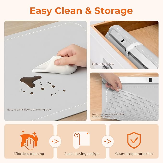 Warming Mat for Food Small Warming Tray with 6 Temp & 6H Timer, 300W Full Surface Heating, Waterproof Foldable Hot Plate for Countertop, Apartment/Dorm Use, New Light Gray