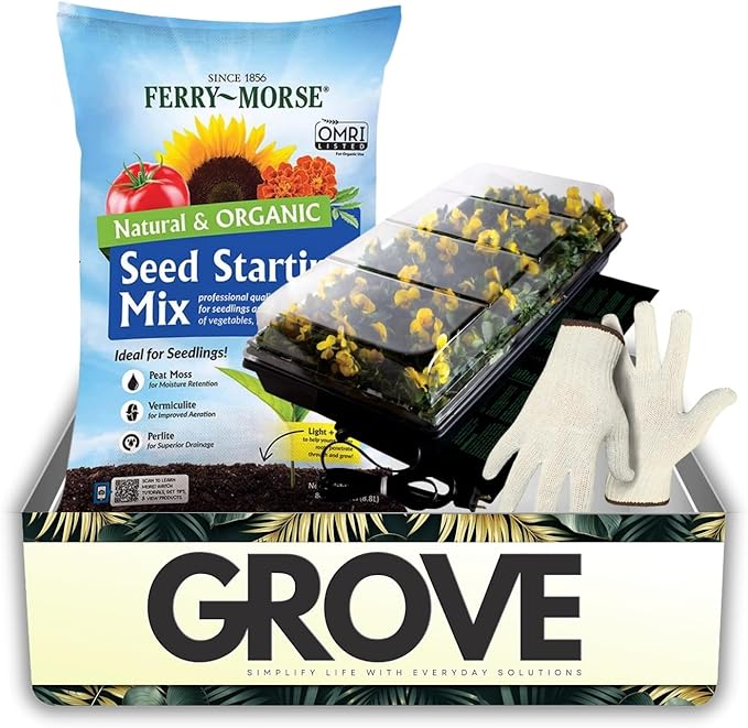 Hydrofarm 17 W Hydroponic Germination System 11 in. W and Ferry-Morse Organic Flower and Vegetable Seed Starting Mix 8 qt Bundle with Work Gloves – Indoor Gardening System – Gift Set (3 Items)