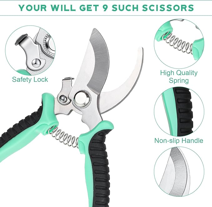 Lothee 9 Pcs Garden Shears Pruning Garden Clippers Bulk Bypass Pruner Heavy Duty for Gardening Hedge Plant Cutting Flower Scissors for Tree Trimming Bonsai Cutting Fruits Picking(Green)