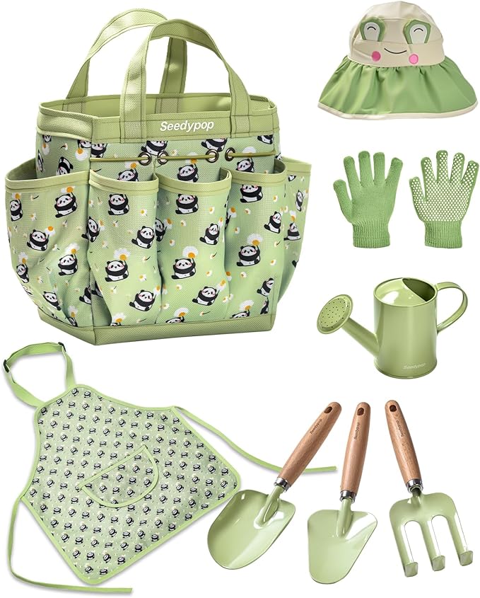 Handmade Kids Gardening Tools Set - 8Pc Artisan Garden Kit with Real Wood Handles, Metal Heads, Frog Hat, Panda Apron & Tote - Nature Learning Gift for Toddlers & Kids (Sage Green)