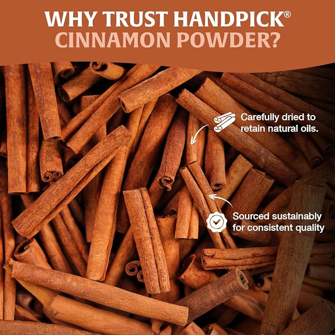 HANDPICK, Cinnamon Powder (397g/14oz) Non GMO, Gluten Free, 100% Raw, Sourced from South India, For Cooking, Smoothies, Lattes, Tea, Packed in Resealable Ziplock Pouch