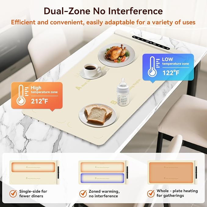 Graphene Warming Mat for Food with Dual Zone Control | XXL 36"x17" Electric Heating Tray | 6 Temp & Timer Settings | Food Warmer for Parties Buffets | Ideal Kitchen Gift for Mom & Wife (Beige)