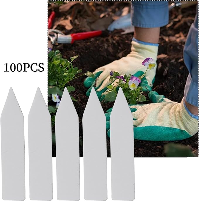 Plastic Plant Labels for Gardening, 100-Pack White Garden Plant Tags with Matte Finish, 5 cm x 1 cm, Reusable & Rust-Resistant