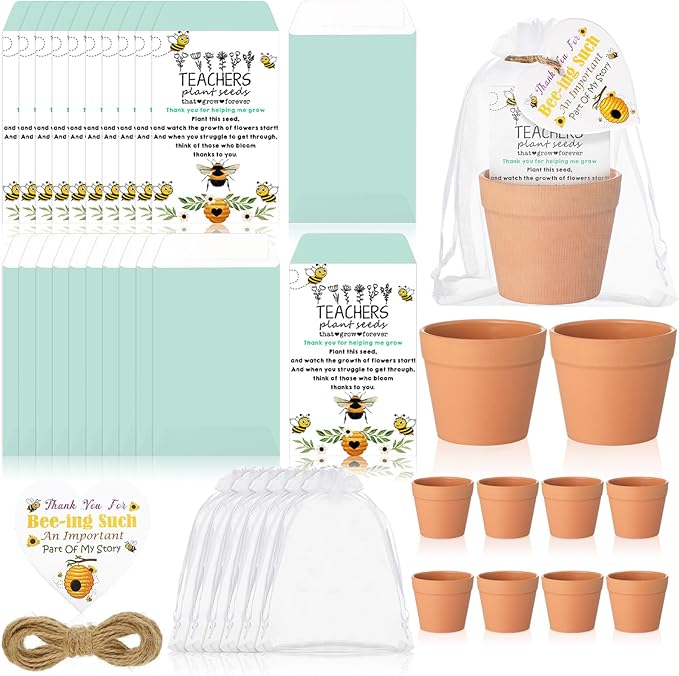 Ctosree 24 Sets Bee Teacher Appreciation Gifts Thank You for Helping Me Grow Gifts Seed Packets Bulk Adhesive Seed Packets Flowerpot Organza Bags for Graduation Daycare Teacher Thank You Party Favors