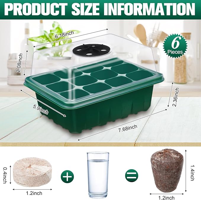 6 Pack Seed Starter Tray with 72 Pcs Peat Pellets, Seeding Starter Kit (72 Cells Total Tray) with Humidity Dome, Soil Plant Germination Tray Kit for Flower Vegetable(Black, Green)