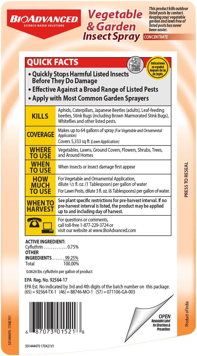 BioAdvanced Vegetable and Garden Insect Spray, Concentrated Insecticide, 32-Ounce