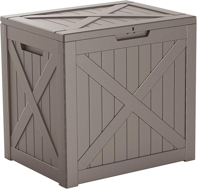 32 Gallon Resin Deck Box, Lockable Outdoor Storage Box for Patio Cushions Storage Furniture,Garden Tools, Pool Supplies, Weatherproof and UV Resistant (Grey)
