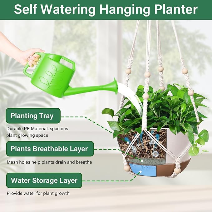 Hanging Planters for Indoor Plants, 2 Pack 8 Inch Self Watering Hanging Pots for Plants with Drainage Holes, Indoor Outdoor Hanging Flower Pots for Home Garden Ceiling Decor (White)
