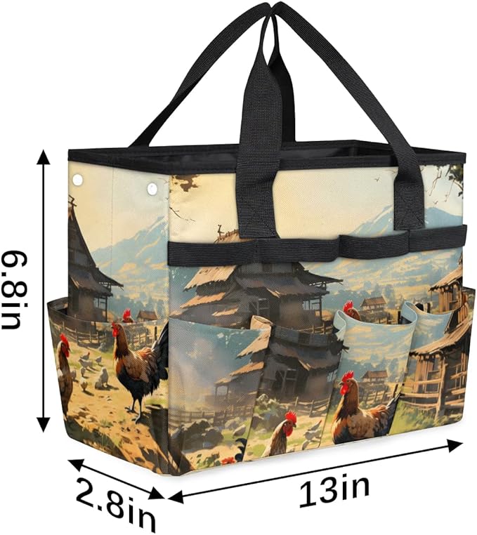 Garden Tool Bag Organizer Garden Tote Bag with Pockets Courtyard Rooster Animal Tool Storage Organizer Gardening Tool Kit Holder 13" x 6.8" x 2.8"