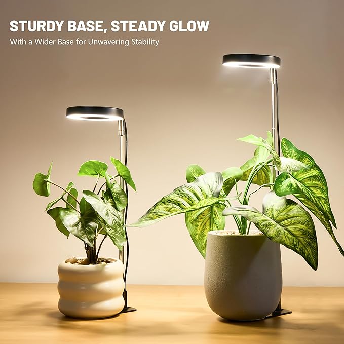 LBW Grow Light for Indoor Plants, Full Spectrum Halo Plant Grow Light with Base, Height Adjustable Plant Lamp with Auto On/Off Timer 4/8/12H, 4 Dimmable Brightness, for Small Plants, Black, 2 Packs