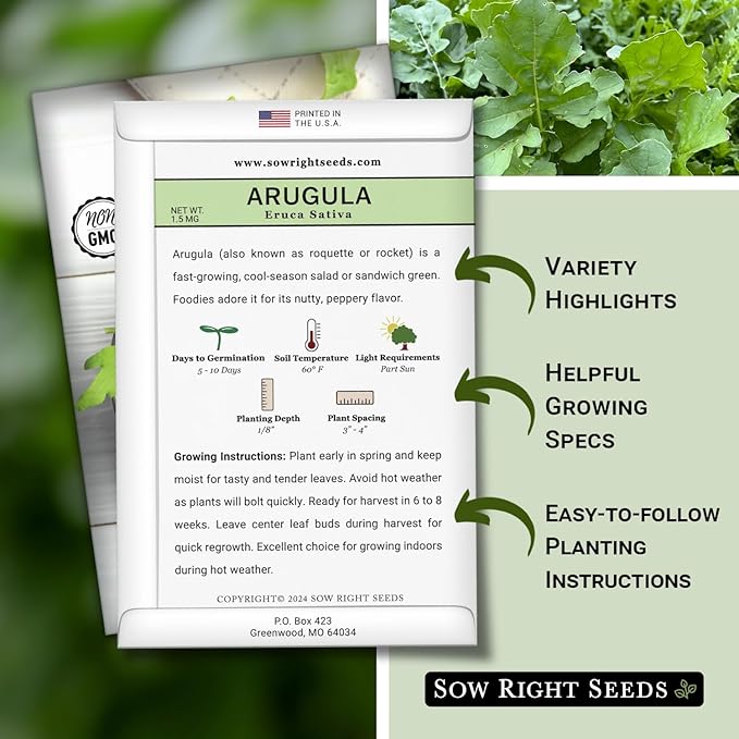 Sow Right Seeds - Arugula Seeds for Planting - Non-GMO Heirloom Seeds with Instructions to Plant a Home Vegetable Garden - Indoors, Hydroponics or Outdoors - Salad Greens - Grow Kitchen Herbs (3)