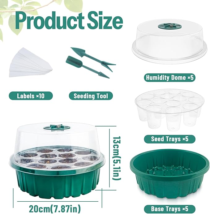 CJGQ 5Sets Seed Starter Tray with Grow Light,13-Hole Round Seedling Box,Elevated Seedling Starter Trays Kits with Adjustable Humidity Domes and Clear Cell Tray for Greenhouse Seeds Growing Starting
