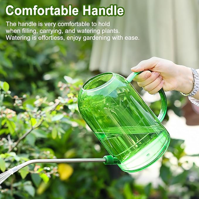 Plastic Watering Can Upgrade Version, Plant Watering Can with Stainless Steel Long Spout, 2L/68oz Clear Measurement Markings Long Spout Watering Can for Indoor Plant and Flowers Easy Fill-Green
