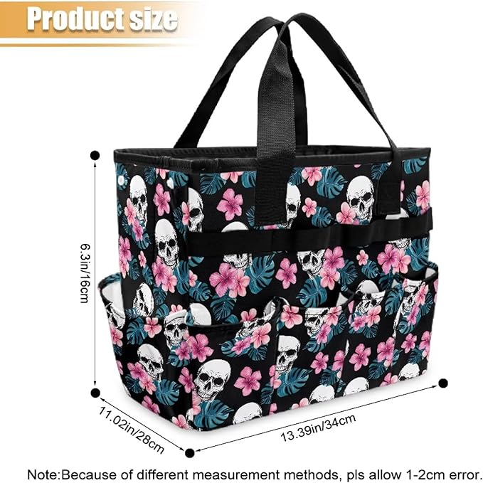 Skull Tropical Floral Garden Tool Bag Portable Gardening Tool Organizer Bag with 10 Pockets and Handle Tool Carrier and Storage for Garden Lawn Yard Casual Camp