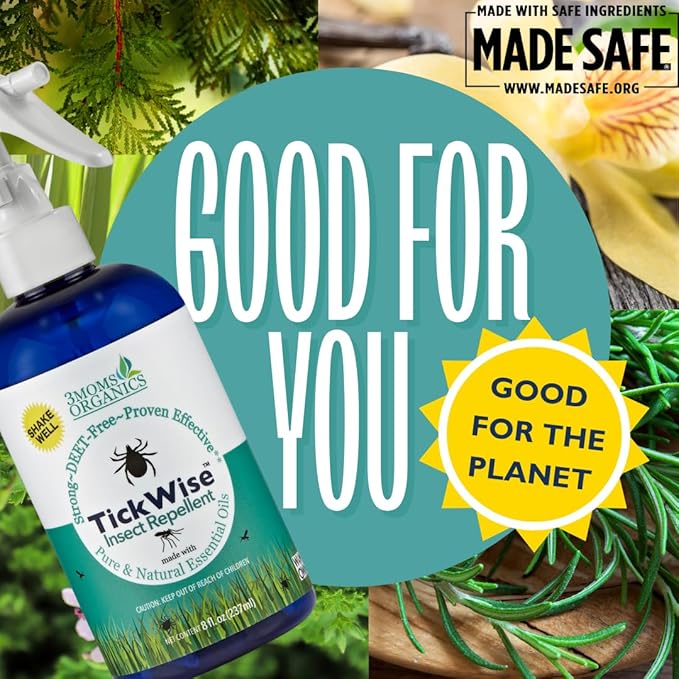 3 Moms Organics, TickWise 8oz Extra Strength Double Whammy 2-Pack - DEET- Free, Tick and Insect Repellent, Plant Based Essential Oils, All Natural Ingredients, Safe for Kids, Adults, Dogs & Horses