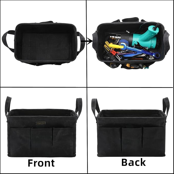 3-Pack Storage Tool Case Set, 13.8 x 7.8 x 7.8 Inches, Rectangular Waxed Canvas Fabric Collapsible Tool Bag with Handles for Tools,Wrench Set,Screwdrivers (Black)