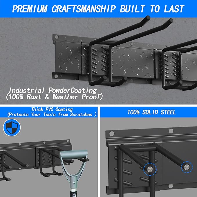 CBWLWJ 48'' Garage Tool Organizer Wall Mount - Heavy Duty 480 lbs Capacity Tool Rack with 6 Adjustable Straight Hooks, Wall Mounted Storage System for Garage, Shed, Workshop (Black)