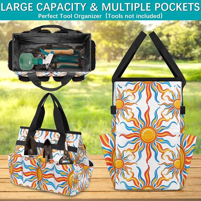 Garden Tool Bag Organizer Garden Tote Bag with Pockets Fire Sun Tool Storage Organizer Gardening Tool Kit Holder 13" x 6.8" x 2.8"