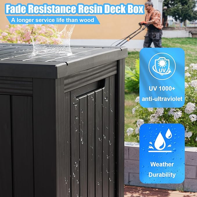Vixzen 200 Gallon Resin Deck Box, Lockable Outdoor Storage Box for Patio Cushions Storage Furniture,Garden Tools, Pool Supplies, Weatherproof and UV Resistant（Black，200 Gallon）