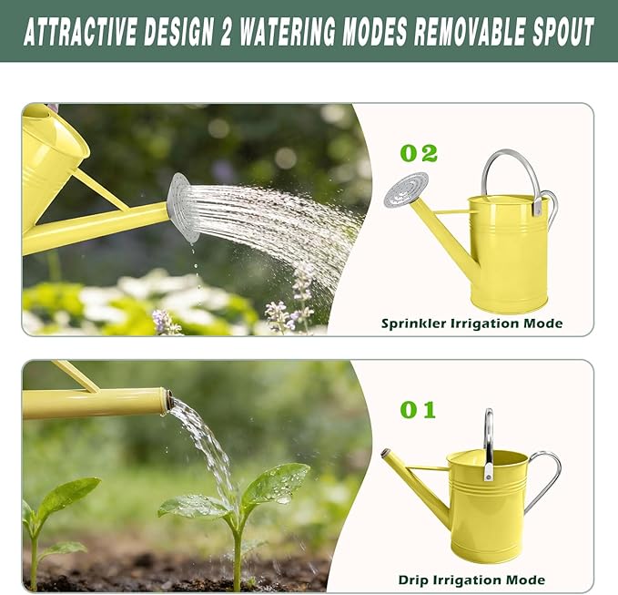 Metal Watering Can for Outdoor Plants, 1.7 Gallon Yellow Garden Watering Can for Flower, Houseplants, Galvanized Finish